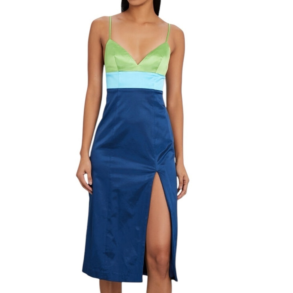 STAUD - NWT Ellis Colorblock Satin Y2K Midi Slit Dress Sz 6 - Picture 2 of 12